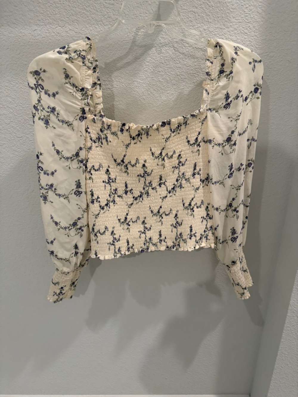 Reformation Cream Floral Smocked Square-Neck Crop Top with Blue Print